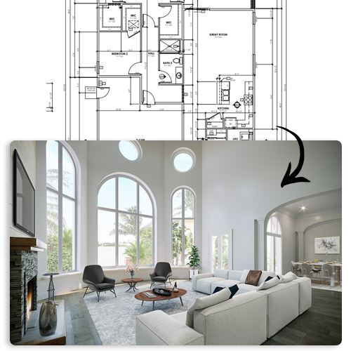 floor plan turned into photo of a living room