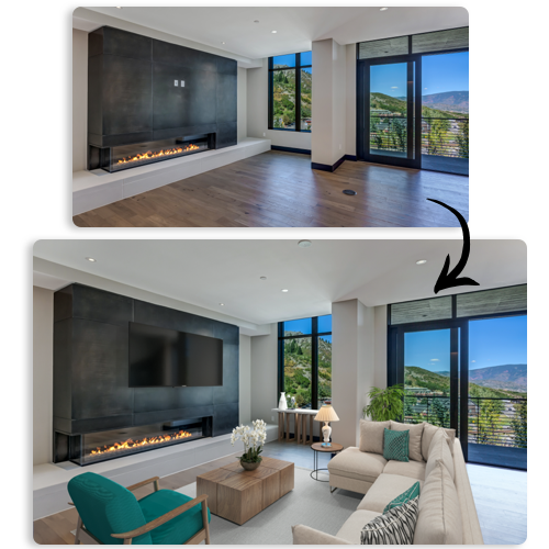 modern living room with fireplace before and after virtual staging